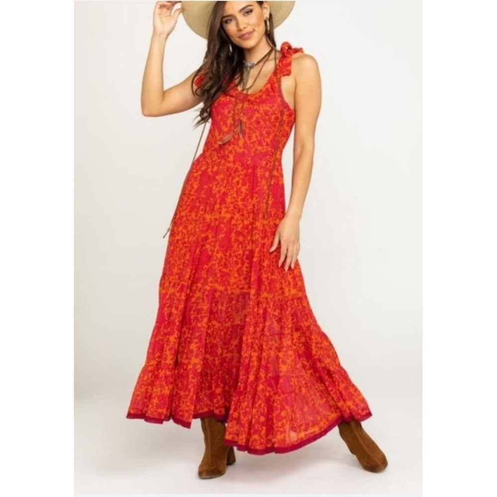Free People Kikas Dress Floral Cotton Sundress Red Orange Tiered Maxi Size XS